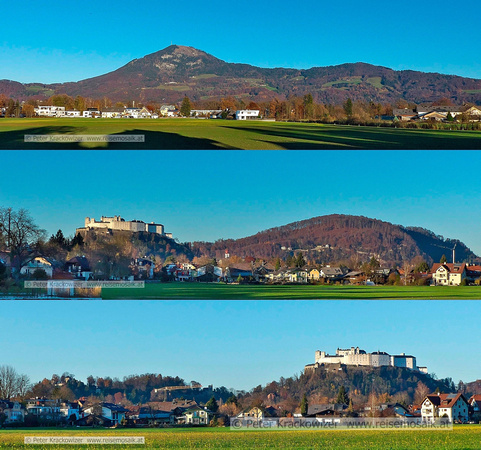 Blick von der Friedhofsterrasse beim Kommunalfriedhof über Morzg in der Stadt Salzburg zum Gaisberg, Kapuzinerberg, Festung Hohensalzburg und Mönchsberg, 21. November 2021